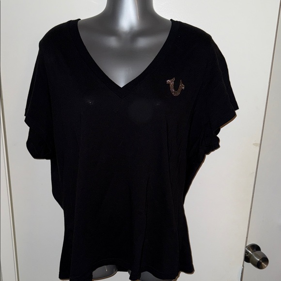True Religion Black V-Neck Tee with Gold Logo - Picture 1 of 6